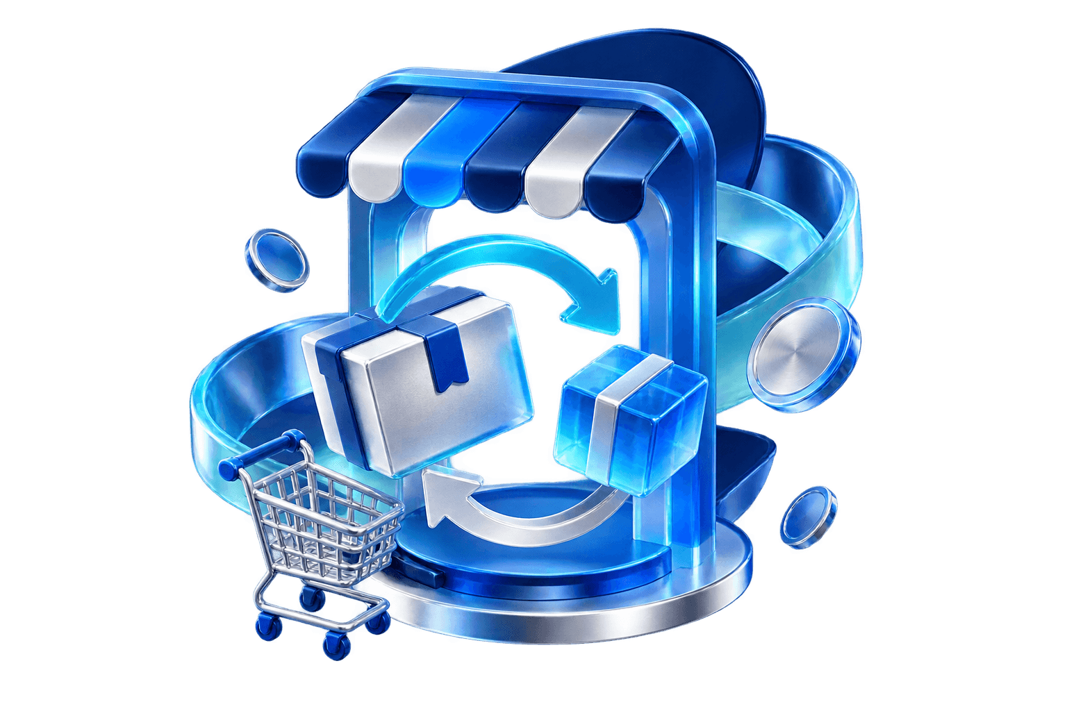 Ilustrasi abstrak marketplace online dengan alur produk dan pelanggan