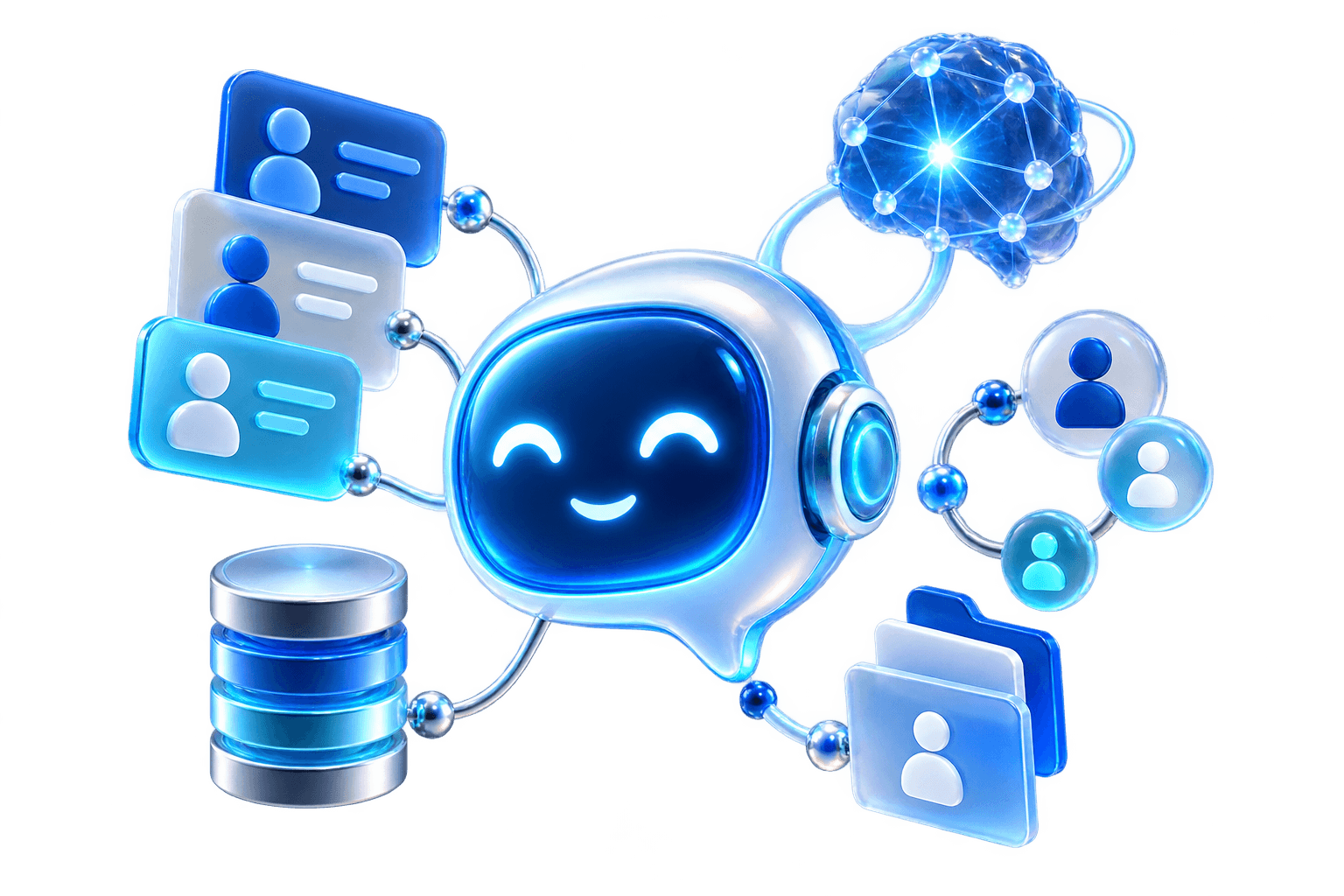 Ilustrasi abstrak chatbot AI yang terhubung ke CRM